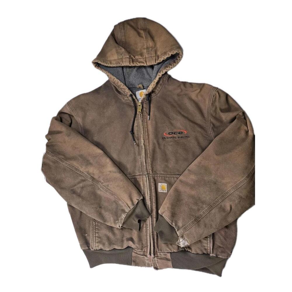 Vtg Carhartt Lined Canvas Hooded Brown Very Distressed Jacket (J158 DKB) Mens L